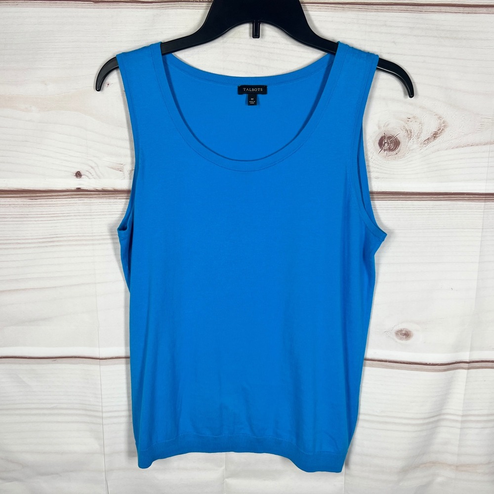 Talbots Knit‎ Tank Top Womens Medium Blue Solid Scoop Neck Sleeveless Shell